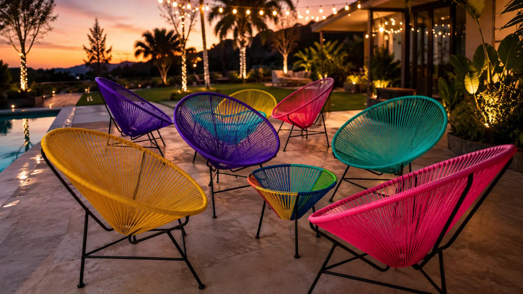 Sillas Acapulco de colores al atardecer junto a una piscina