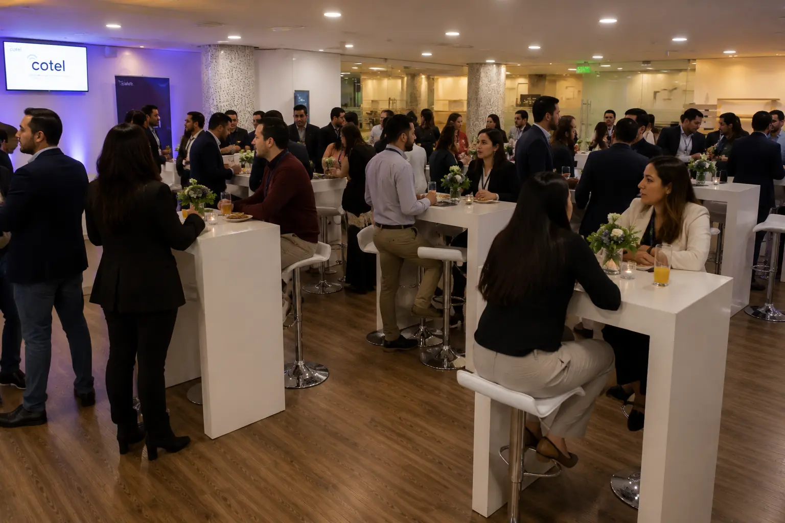Counters blancos con butacos y flores en coctel corporativo de networking
