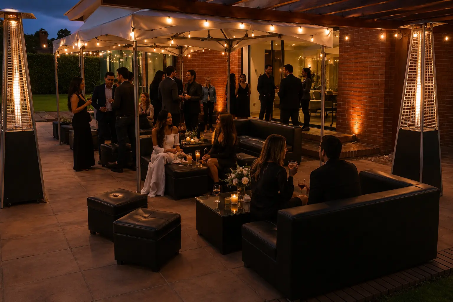 Lounge de cuero negro bajo carpa con calientapatios y guirnaldas en patio de noche