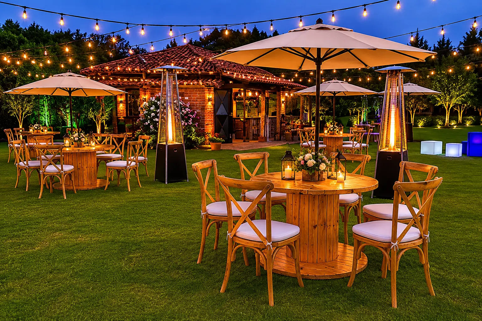 Montaje rústico de jardín de noche con calientapatios y guirnaldas