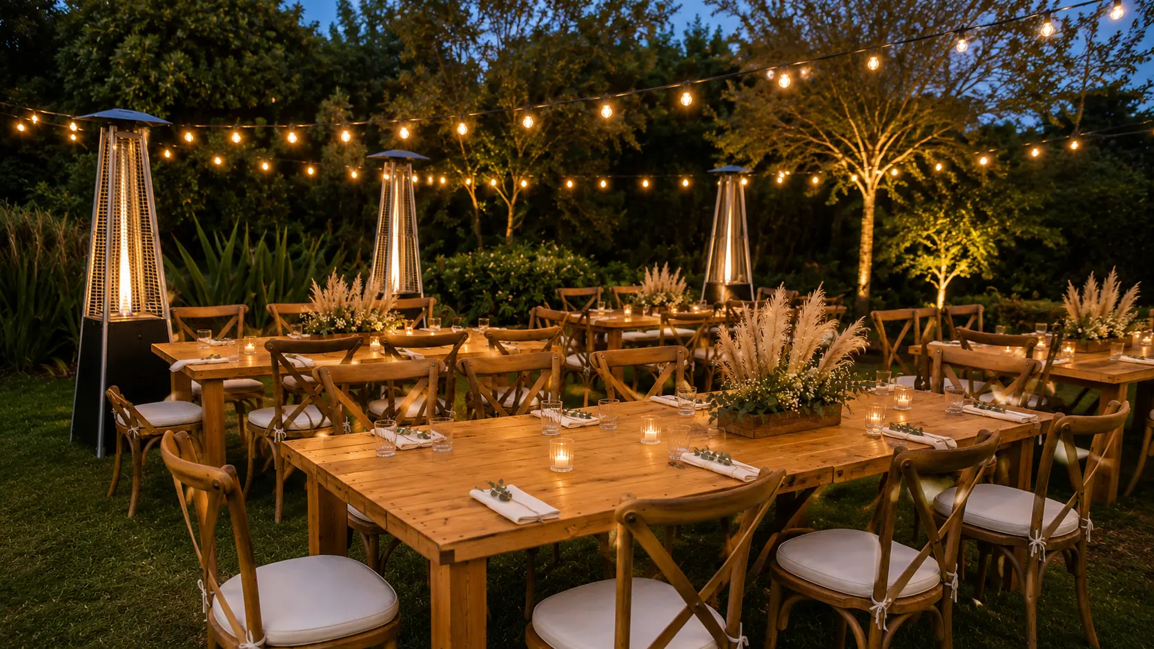 Boda en jardín con mesas de madera y luces colgantes