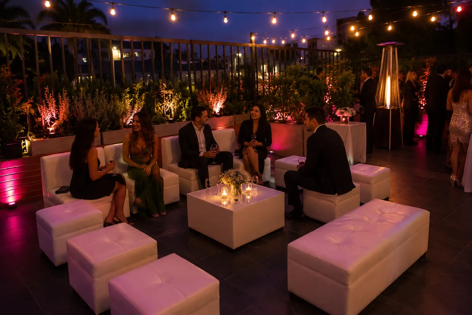 Sala lounge blanca con puffs y mesa de centro en terraza nocturna con invitados