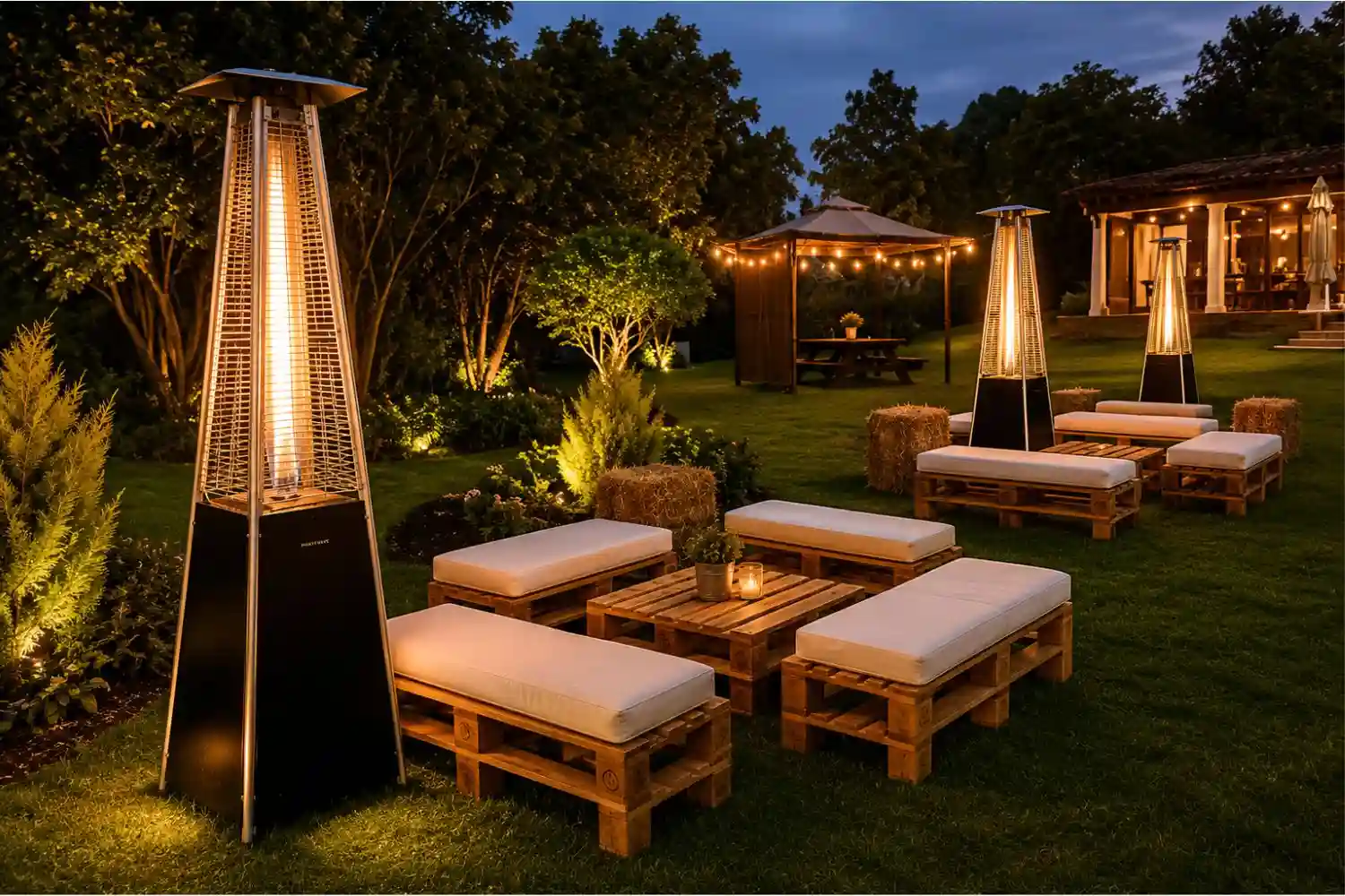 Salas de pallet con cojines blancos y calientapatios en jardín de noche