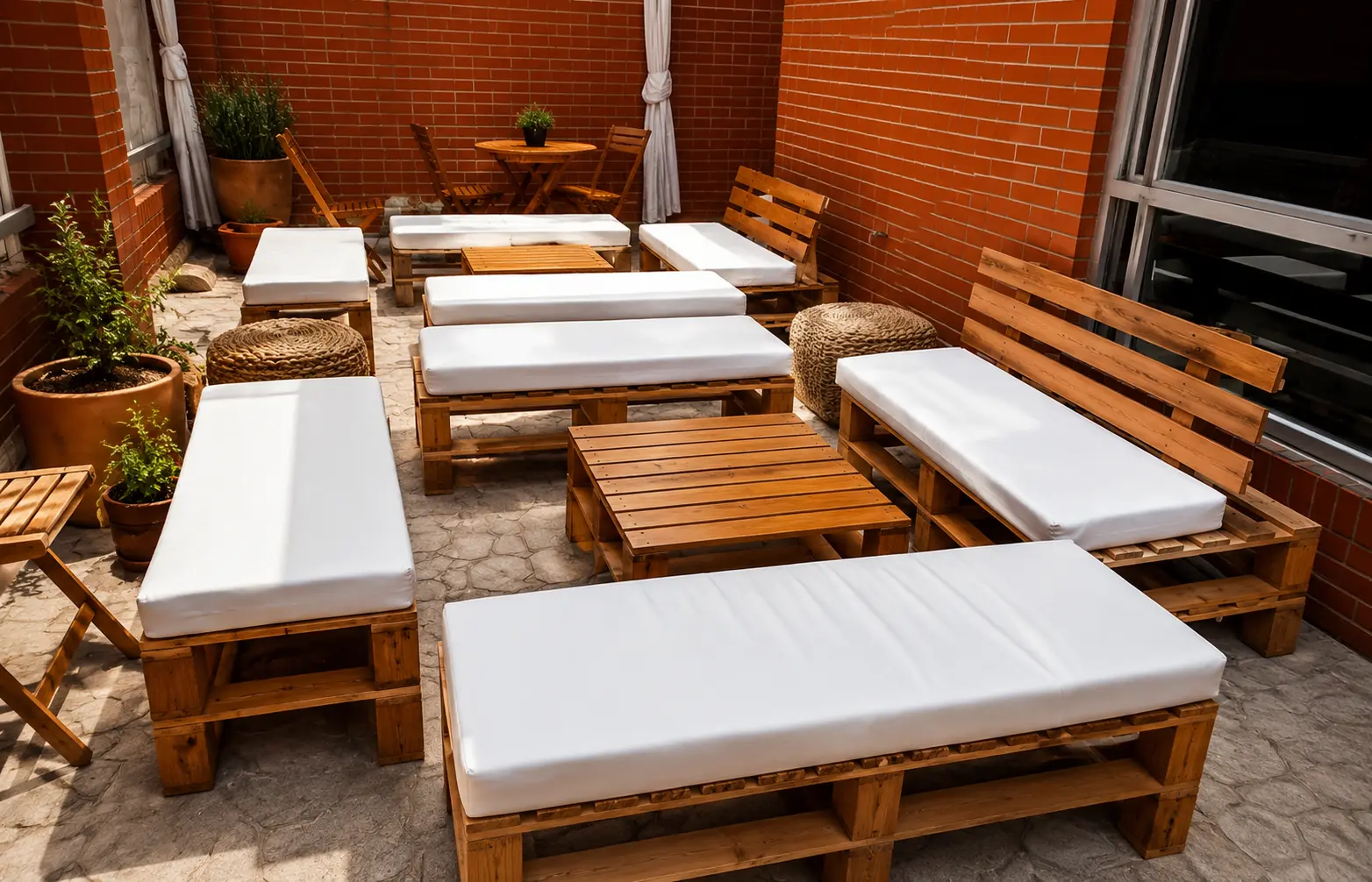 Zona lounge de pallet con cojines blancos