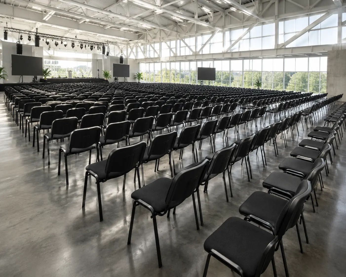 Auditorio con cientos de sillas negras para evento corporativo masivo